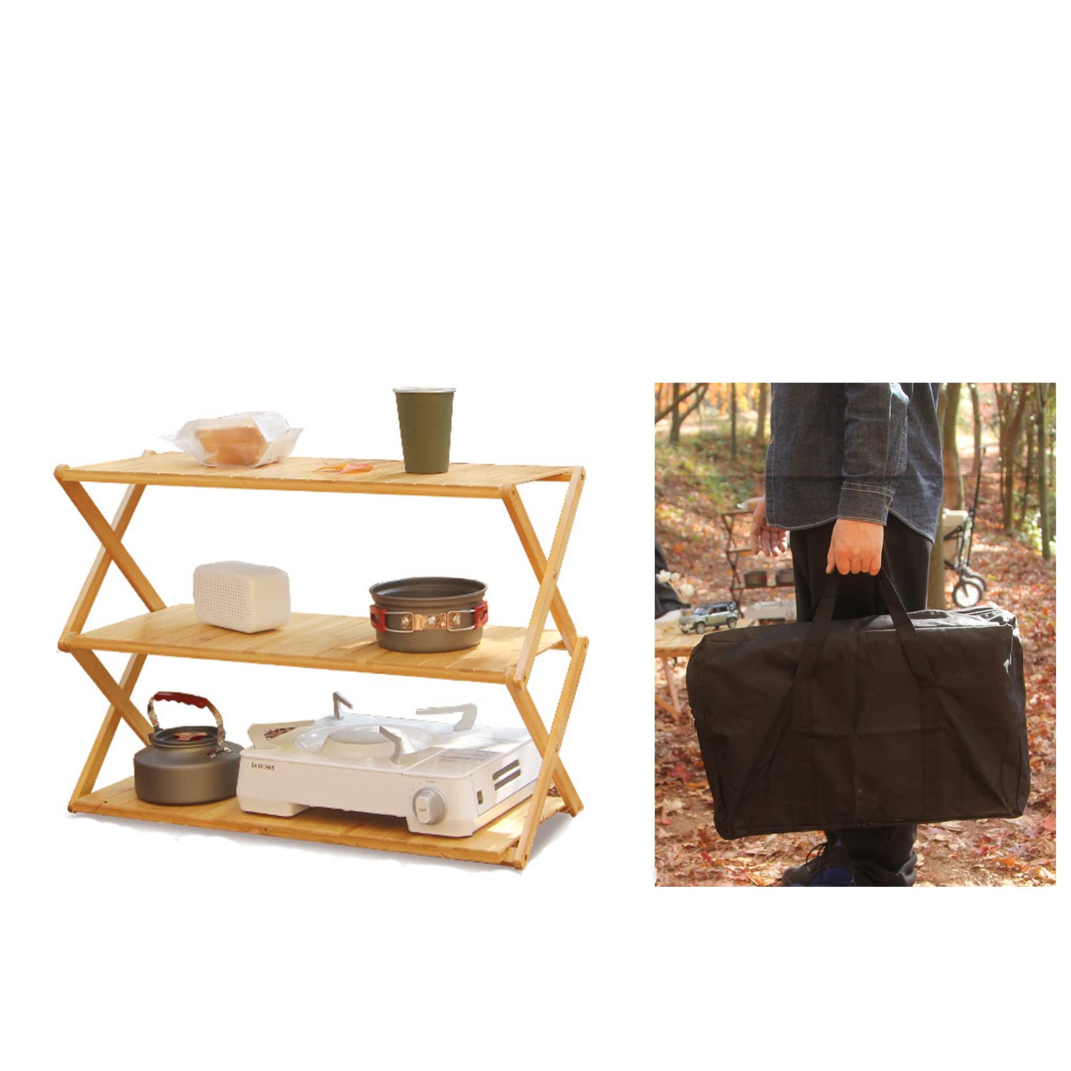 Jorunb 3-Tier Foldable Outdoor Picnic Table with Storage Bag, Portable Bamboo Outdoor Shelf, for Outdoor Kitchen,Travel, Picnic, BBQ 70cmX46cm(One Second Expand/Collapse)