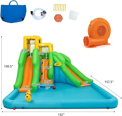 Miniatura 6 de BOUNTECH Tobogán acuático inflable, parque de tobogán acuático gigante 6 en 1 para diversión al aire libre con soplador GFCI 550W, toboganes dobles,