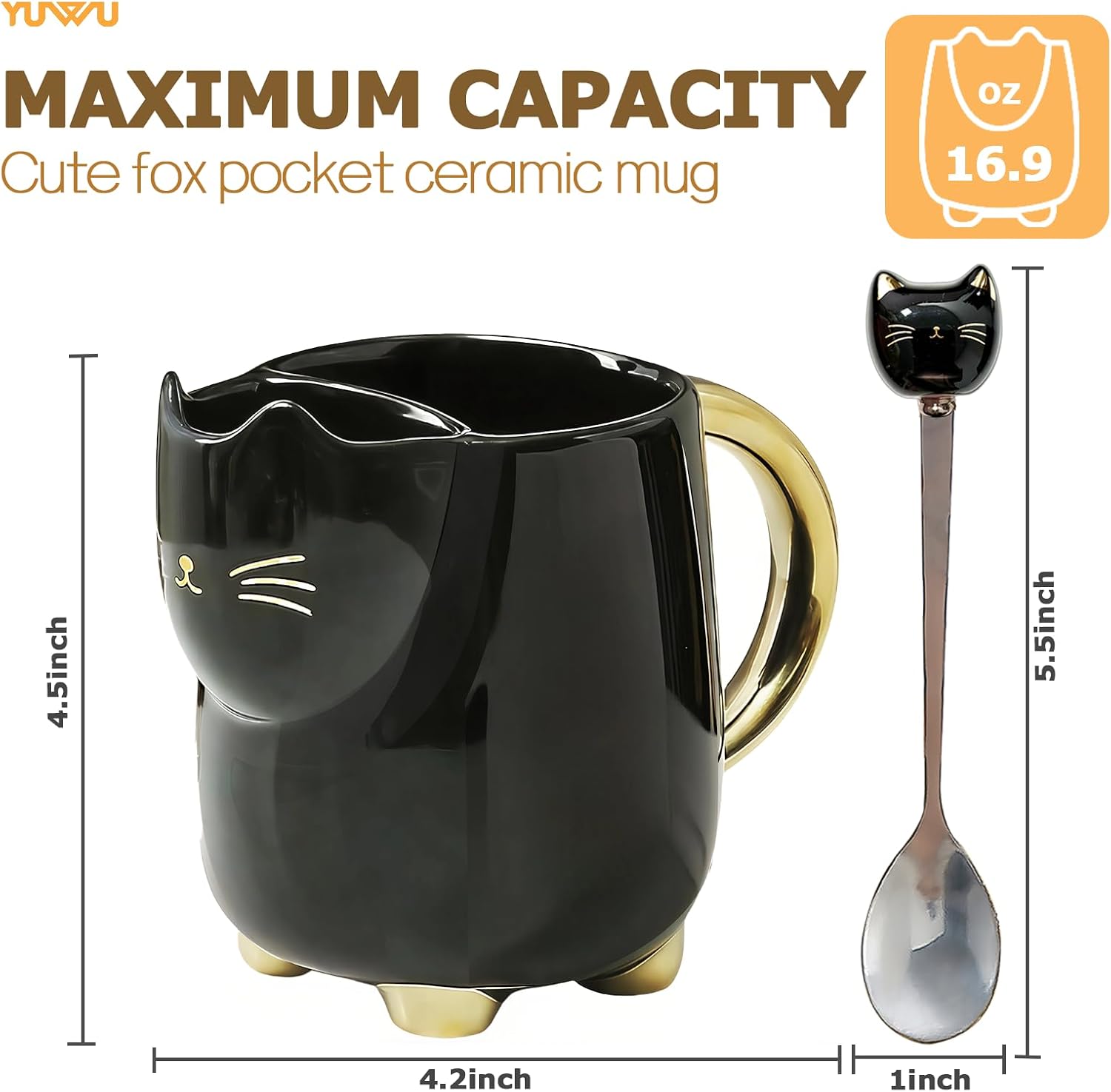 Yuwu 17oz Black Cat Mug with Built-in Filter and Spoon-Glossy Ceramic Tea kitty Mug for Cat Lovers-Elegant Gift for Men, Women, Office, Birthday, Halloween, Christmas image 3