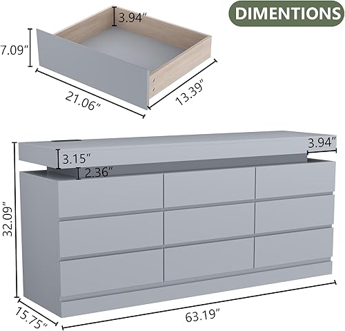 Miniatura 2 de Cómoda de 9 cajones con toma de corriente, cómoda con luz LED, cómoda moderna para armario, gabinete organizador de cajones doble ancho para