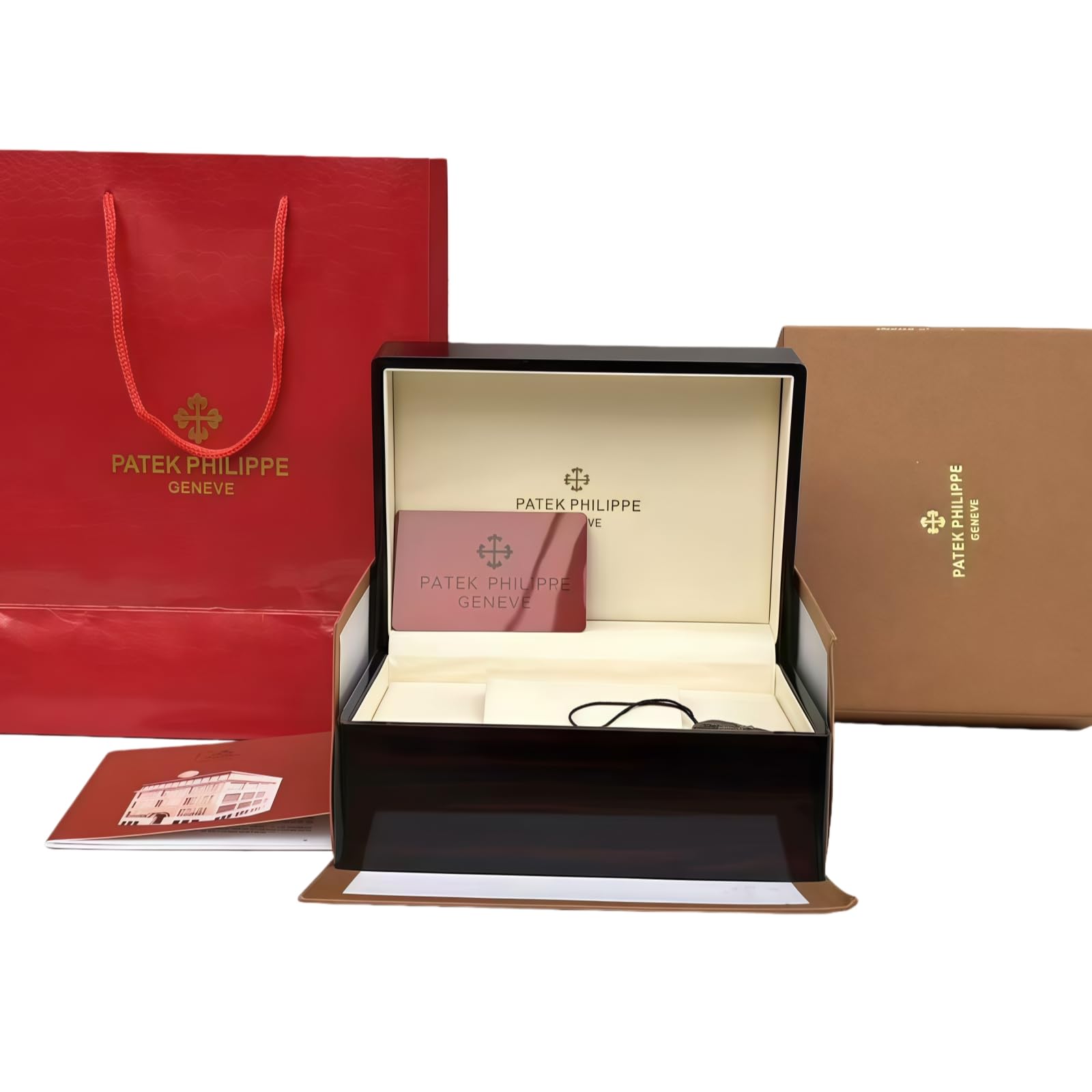 Caja Reloj Madera Caoba Oscura Lacado Piano Alto Brillo Interior Cuero Crema Estuche Almacenamiento Lujo para Patek Philippe