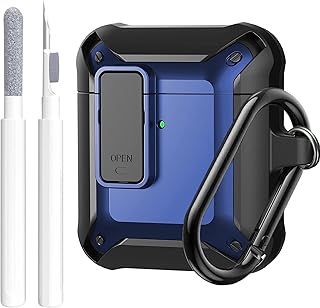 Airpods Case Cover Men Lock with Cleaning Kit, OTOPO Protective Cover with Cleaning Pen Compatible with Apple Airpod 1/2 Case, Shockproof Rugged Shell for iPods Case (Black/Blue)