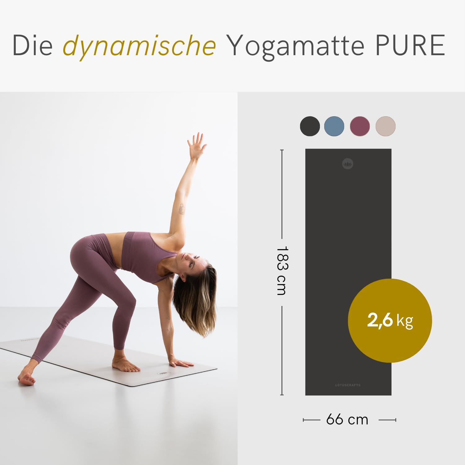 LOTUSCRAFTS Tappetino yoga antiscivolo, modello Pure, ideale per stili di yoga dinamici, realizzato in gomma naturale, perfetto anche per il pilates