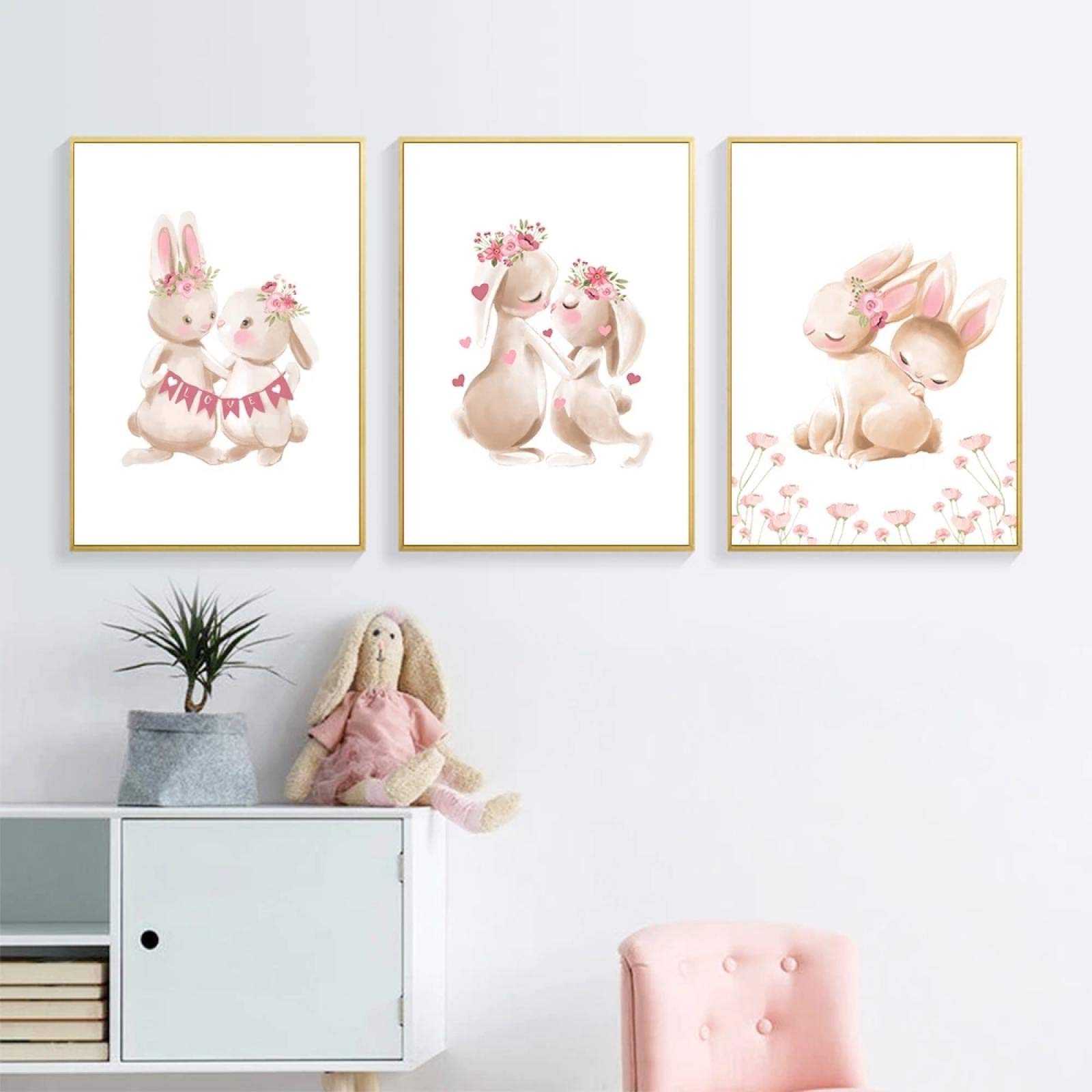Affiche de Lapin de Noël Animal pépinière Mur Art Impression Lapin Toile Peinture Fleur Mur Photo Fille bébé Chambre décor 50x70cm (20x28in) x3 Cadre intérieur