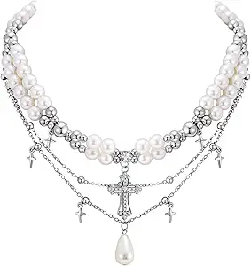WOWORAMA Gothic Pearl Cross Necklace for Women Layered Pearl Strand Necklaces Vintage Punk Goth Cross Pearls Choker Necklaces Halloween Christmas Gothic Jewelry