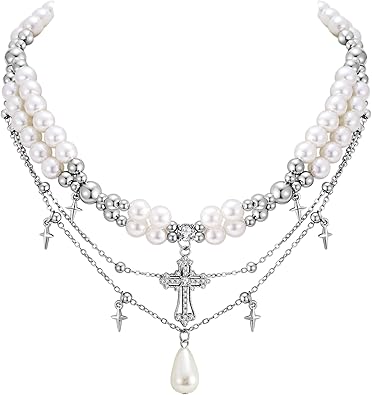 WOWORAMA Gothic Pearl Cross Necklace for Women Layered Pearl Strand Necklaces Vintage Punk Goth Cross Pearls Choker Necklaces Halloween Christmas Gothic Jewelry
