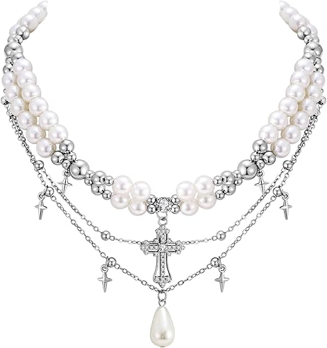 WOWORAMA Gothic Pearl Cross Necklace for Women Layered Pearl Strand Necklaces Vintage Punk Goth Cross Pearls Choker Necklaces Halloween Christmas Gothic Jewelry
