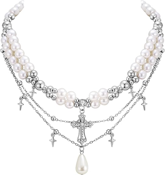 WOWORAMA Gothic Pearl Cross Necklace for Women Layered Pearl Strand Necklaces Vintage Punk Goth Cross Pearls Choker Necklaces Halloween Christmas Gothic Jewelry