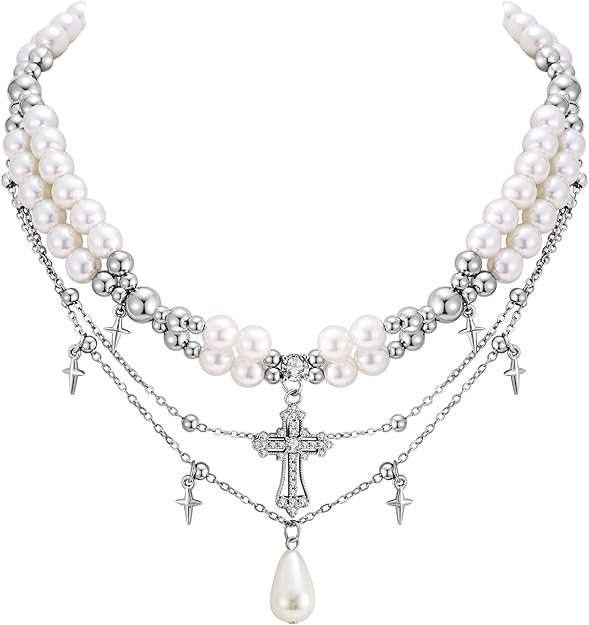 WOWORAMA Gothic Pearl Cross Necklace for Women Layered Pearl Strand Necklaces Vintage Punk Goth Cross Pearls Choker Necklaces Halloween Christmas Gothic Jewelry