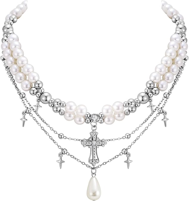 WOWORAMA Gothic Pearl Cross Necklace for Women Layered Pearl Strand Necklaces Vintage Punk Goth Cross Pearls Choker Necklaces Halloween Christmas Gothic Jewelry