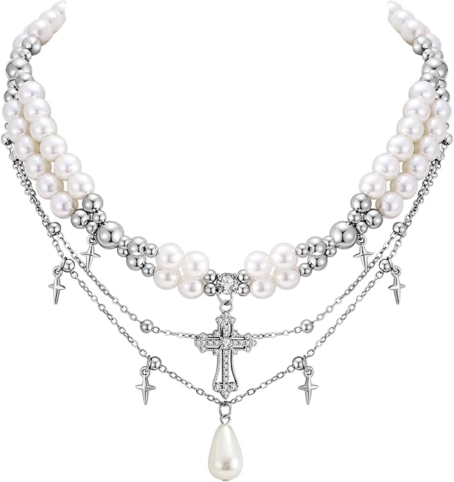 WOWORAMA Gothic Pearl Cross Necklace for Women Layered Pearl Strand Necklaces Vintage Punk Goth Cross Pearls Choker Necklaces Halloween Christmas Gothic Jewelry