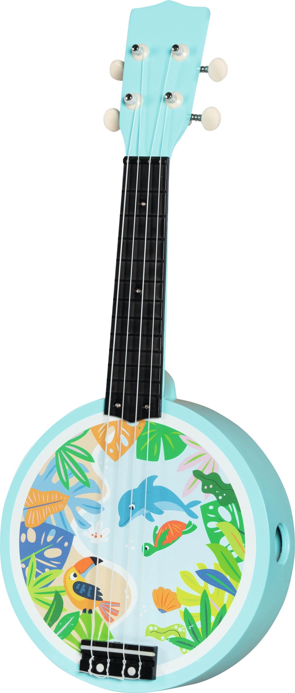 goki 61870 - Banjo in legno e plastica, strumento musicale con motivi animali, promuove l'interesse musicale e le capacità motorie dei bambini, con plettro e corde di ricambio, set da 4 pezzi, dai 5