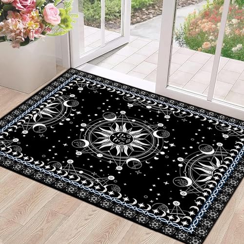Sun and Moon Rug Boho Celestial Area Rugs for Bedroom Dorm Living Room Bohemian Occult Crescent Solar Stars Galaxy Floor Mat Pad Doormat Carpet,47" X 31",Black Black 47"x31" (Rectangular)