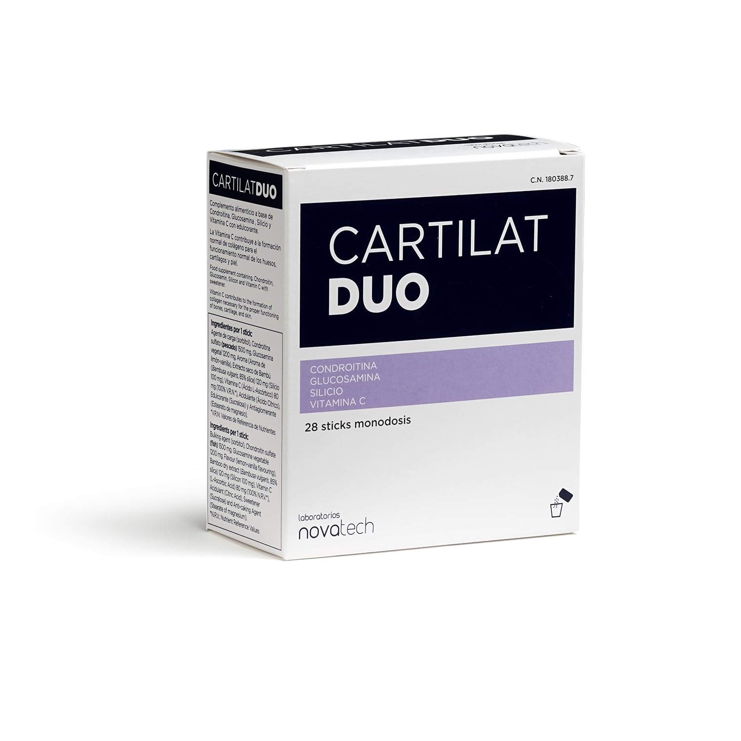 NOVATECH - CARTILAT DUO - 28 Sticks - Complemento Alimenticio - Glucosamina + Condroitina + Silicio Vegetal + Vitamina C - Articulaciones - Cartílago - Músculos - Huesos