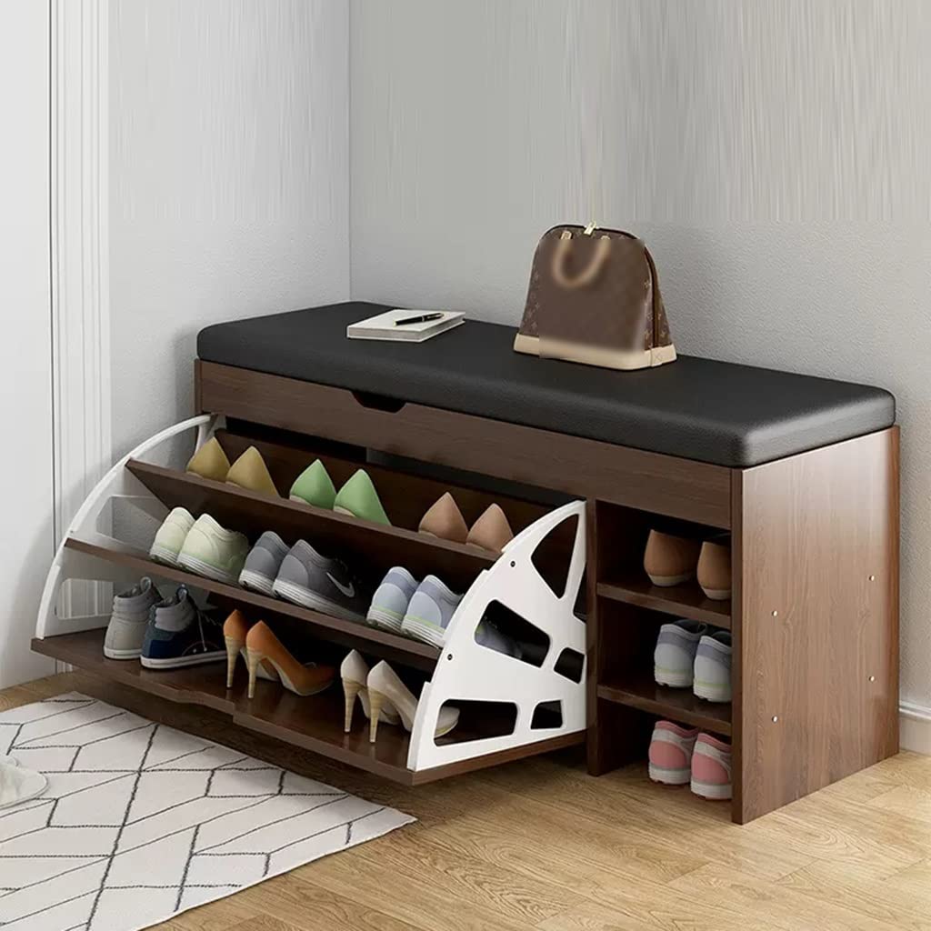 Banc de Rangement pour Chaussures à 3 Niveaux avec Coussin de Siège et Tiroir Rabattable en Bois