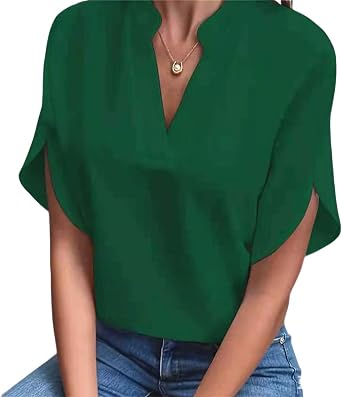 Nuofengkudu Womens V Neck Blouse Short Sleeve Split Casual Work Chiffon Tunic Tops