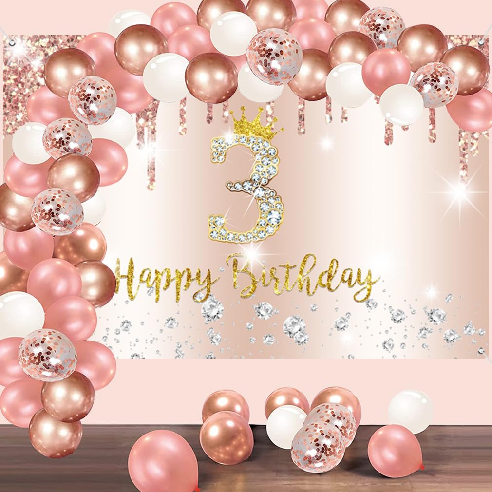 Happy 3rd Birthday Banner – Rosa Glitzer Hintergrund-Banner 150x90 Cm Für Mädchengeburtstag | Partydeko Tischdeko
