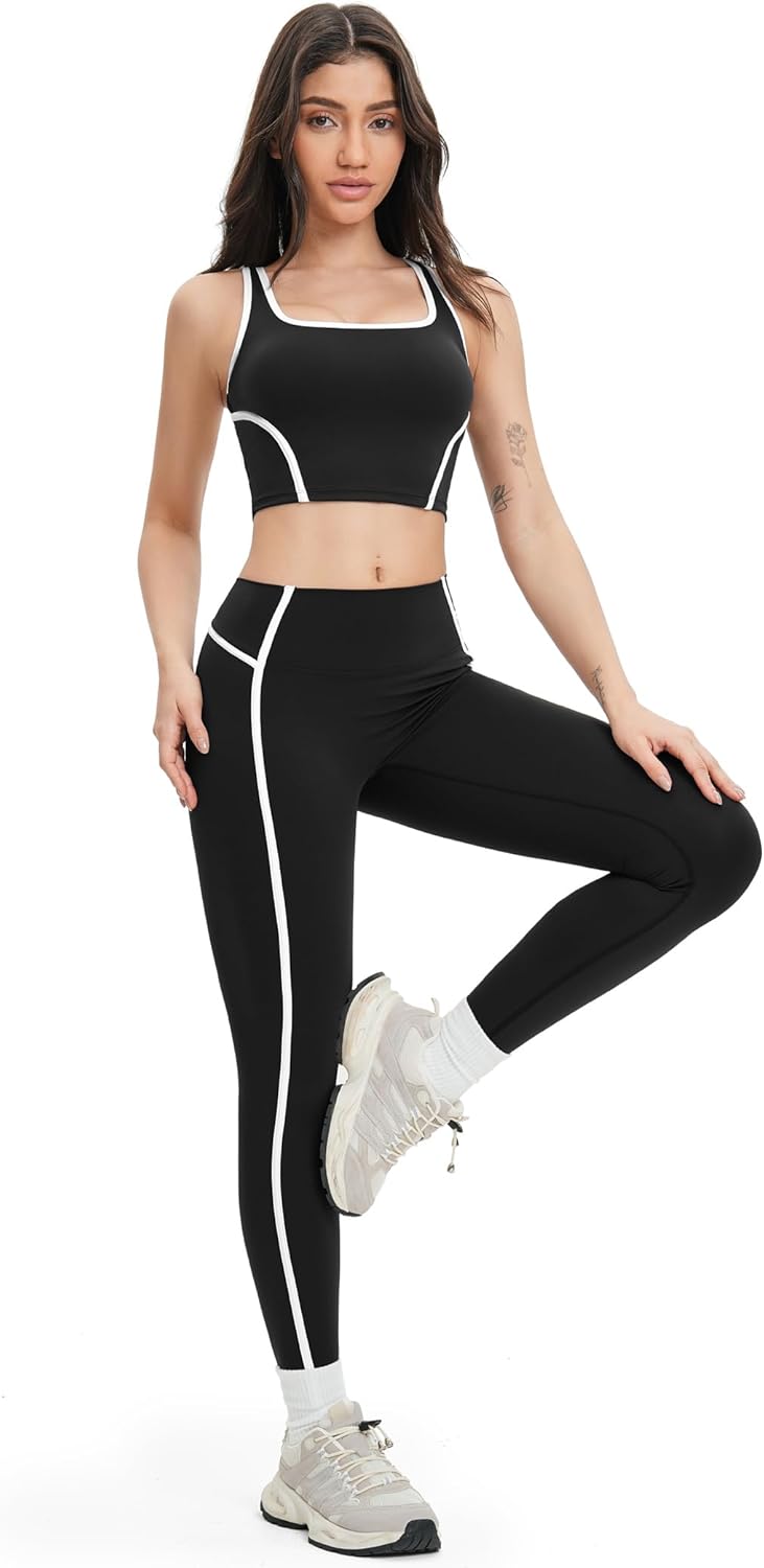 Women 2 Piece Workout Sets Backless Color Block Tank Tops Matching High Waist Active Leggings Yoga Outfits - Image 5