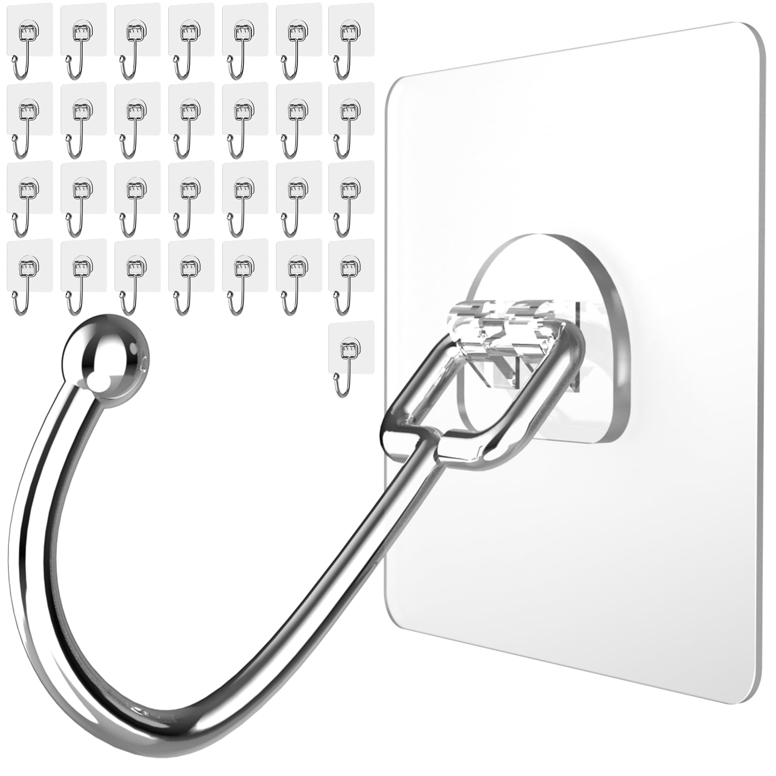 Latoxcaa Large Adhesive Hooks 30-Packs, Heavy Duty 44lb(Max) Wall Hooks for Bathroom, Outdoor, Strong Self-Adhesive Towel & Coat Hooks, Waterproof Transparent Utility Hooks for Home Improvement