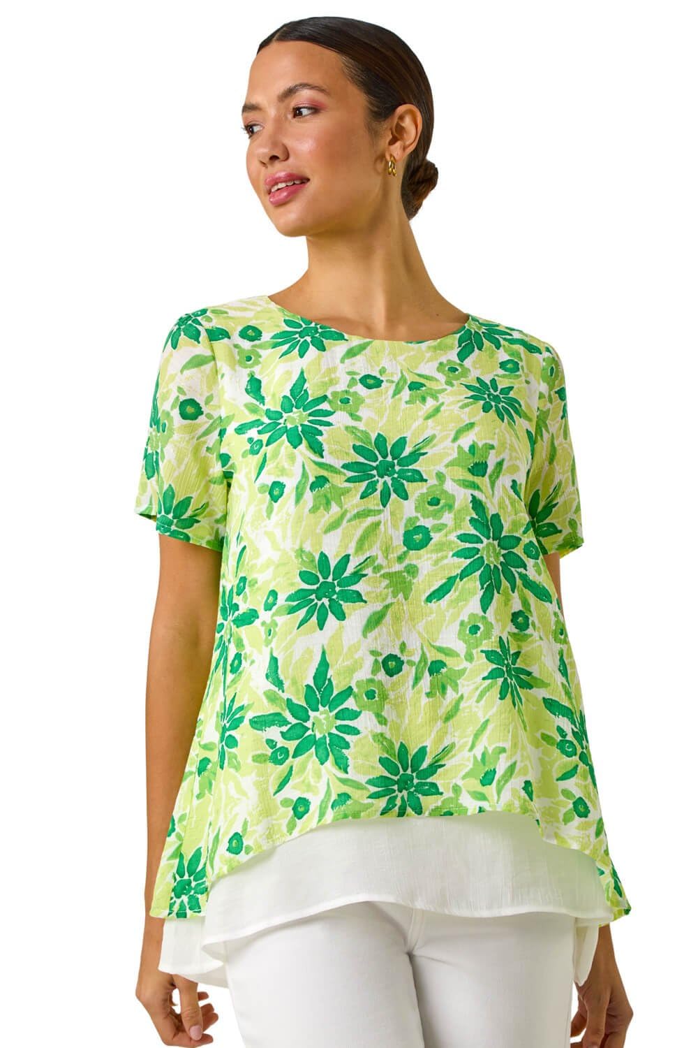 Roman Women's Green Floral Layered Tunic Top In | Size: 12
