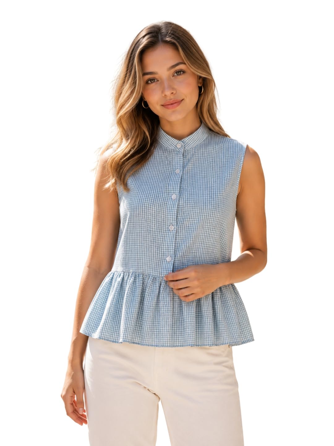 Women's White Gingham Peplum Top with Mandarin Collar and Button Front Design-picture-19