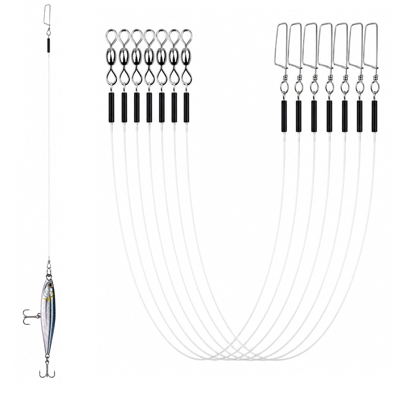 12 Pcs Fluorocarbon Fishing Leader, Pre-Tied Swivel and Snap, Clear Invisible Spinning Leader Line, Lightweight Portable Fishing Wire for Connecting Main Line, Lures and Hooks(12in-35lb)