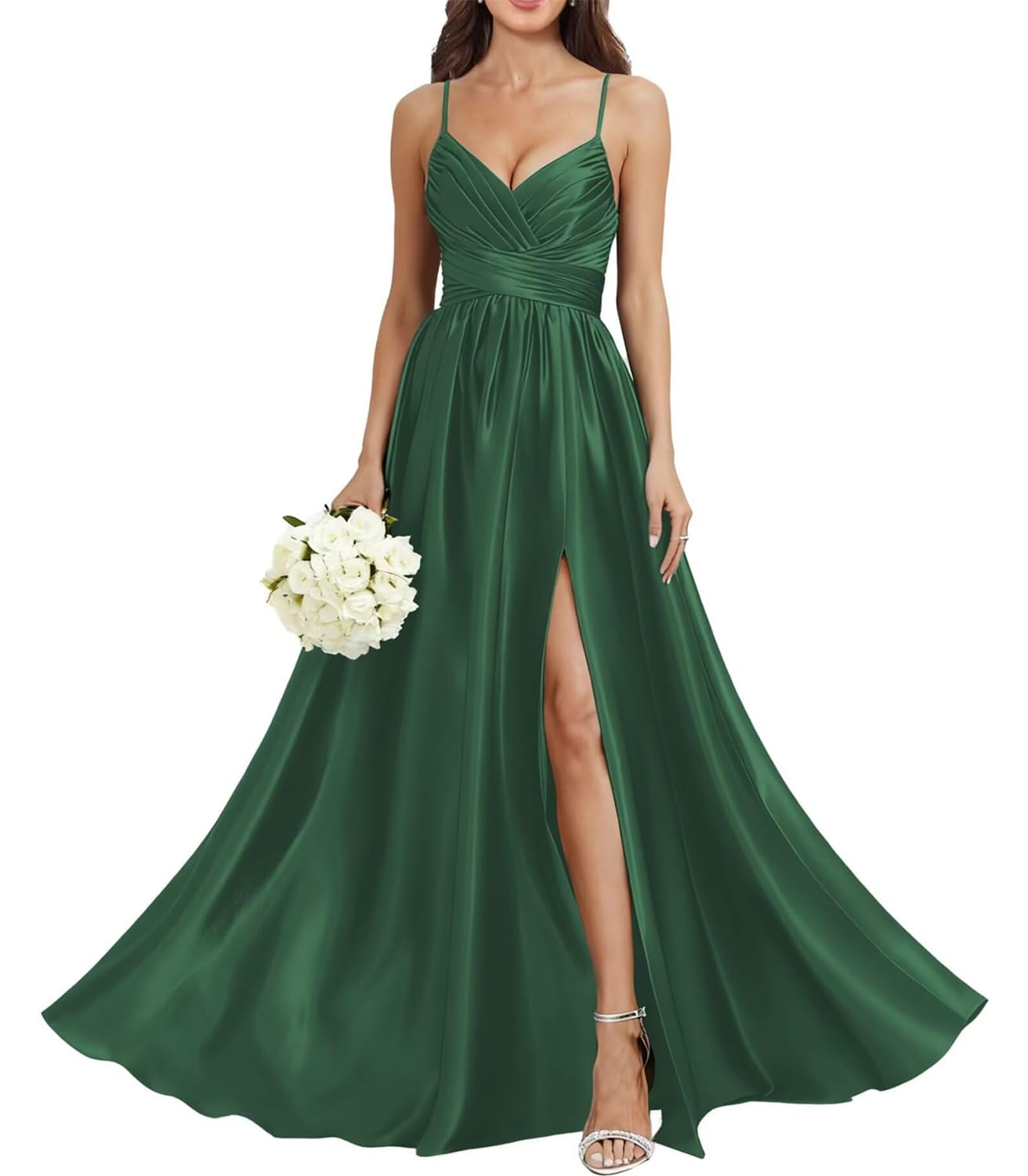 Hppee Women's Emerald Green Spaghetti Strap V Neck Bridesmaid Dresses For With Slit Pleated Satin Formal Dress Evening Gown Uk6