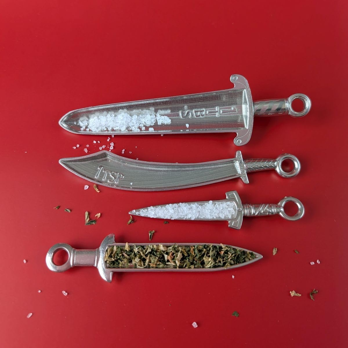 Roosfoos Sword Measuring Spoons Set of 4, Pewter, Medieval Blade Designs - Broadsword, Scimitar, Gladius, Dagger, Handcrafted in USA