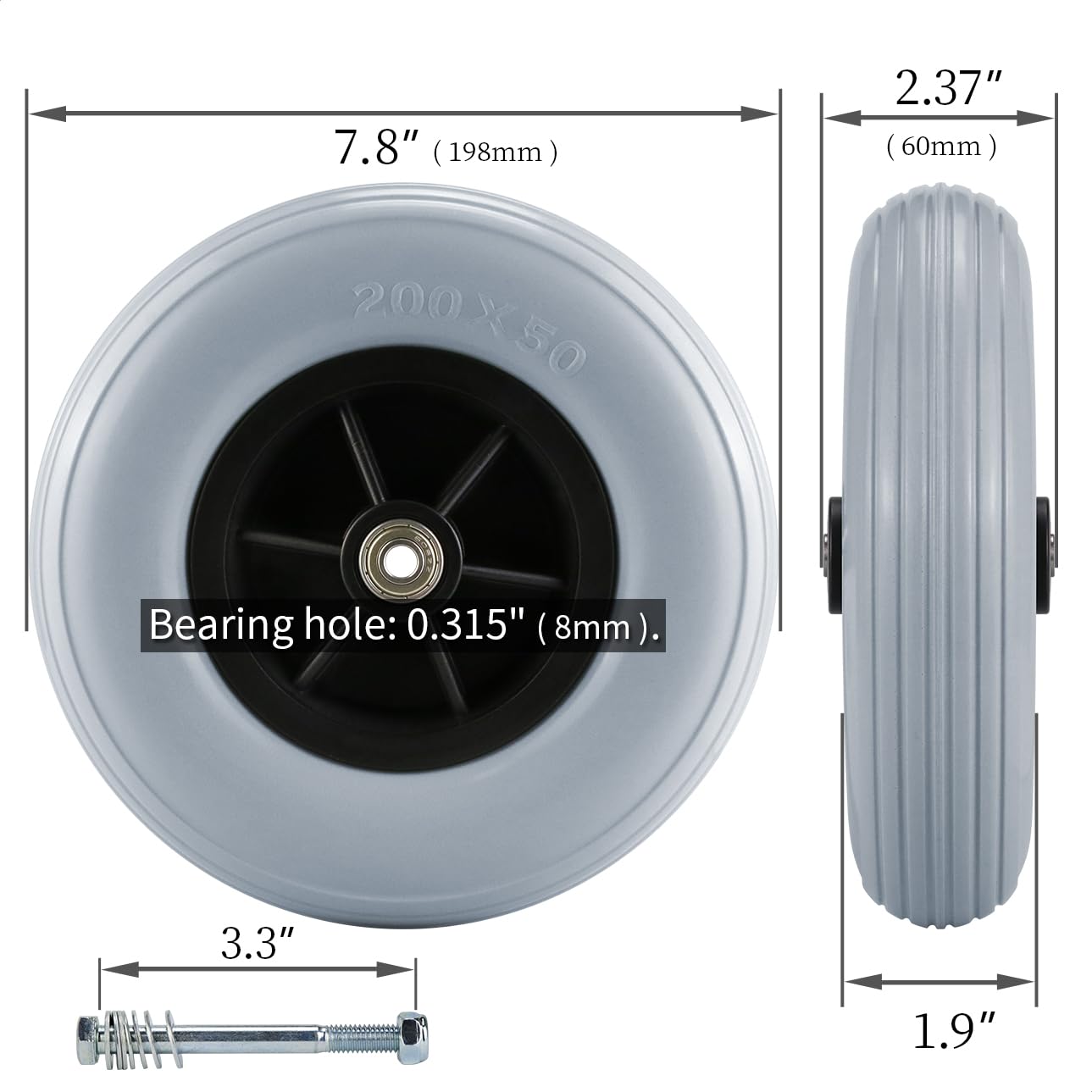 Coppia di ruote girevoli da 8" x 2" (200 x 50) per sedia a rotelle elettrica/elettrica, ruote di ricambio per pneumatici solidi da 8" (8 "x 2" (200 x 50) - Grigio)