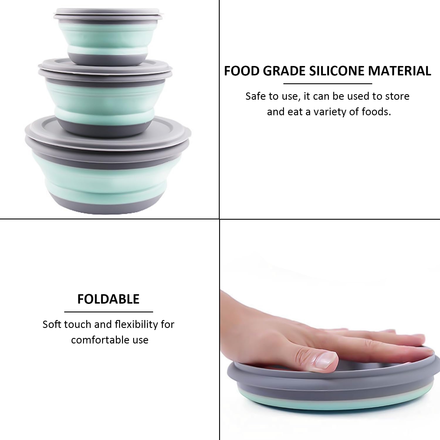 MEMOFYND 3 ciotole pieghevoli in silicone, per la conservazione della freschezza, per insalata, da campeggio, rotonde, con coperchio, per casa, cucina, campeggio (verde)