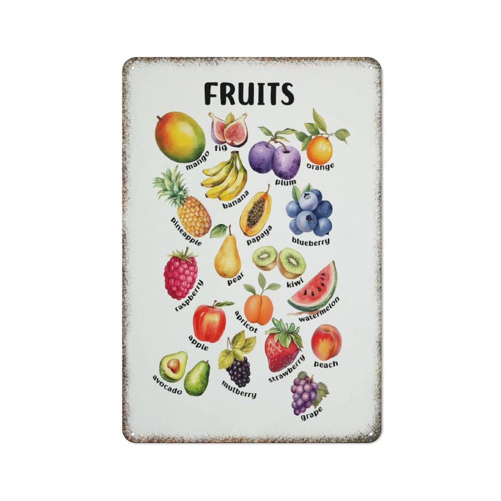 Watercolor Fruit Retro Metal Wall Print Fashionable Decor Sign for Classroom Playroom Nursery Farmhouse Home Wall Decoration 8x12 Inch