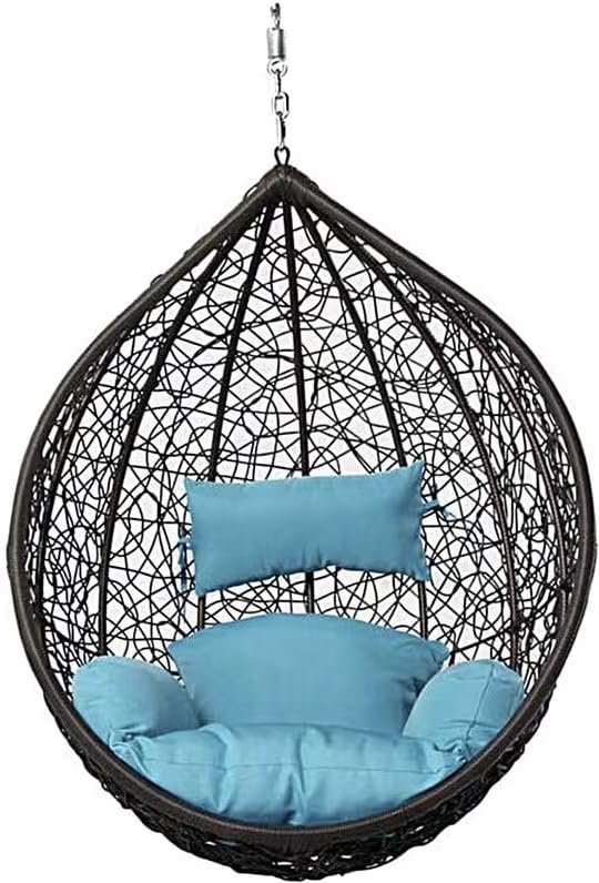 Image of Single Seater Swing Chair with Stand & Cushion Outdoor Indoor Balcony Garden Patio, Powder Coated Frame, UV-Protected Wicker, Premium Cushion, Swing Chair (Black-Sky Blue)
