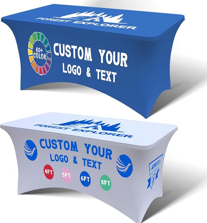 Personalized Table Cloth with Logo Image Customized Tablecloth 4FT/5FT/6FT/8FT Spandex Customized Table Cover Promotional Business Tradeshow Events Birthday Party Wedding (5FT Spandex(Closed back))