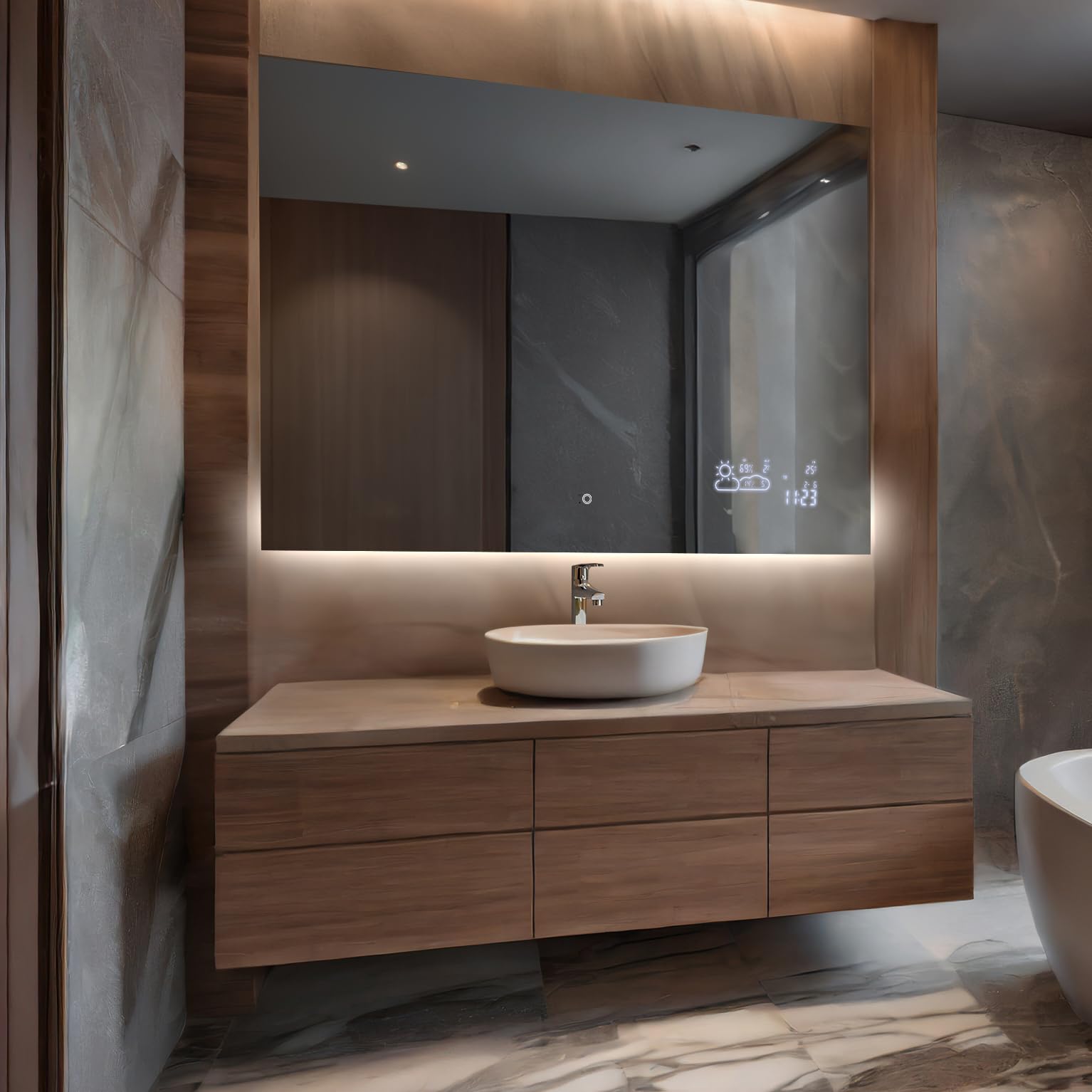 FORAM Espejo de Baño con Iluminación luz LED 140x80 cm Ivy - Personaliza el Espejo de Pared con Accesorios - Diferentes tamaños para Baño - Iluminado, retroiluminación