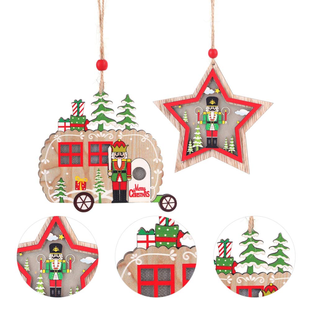 2 Pezzi Albero di Natale in Legno Ornamenti appesi a Forma di Stella per Auto schiaccianoci abbellimento Albero Topper c