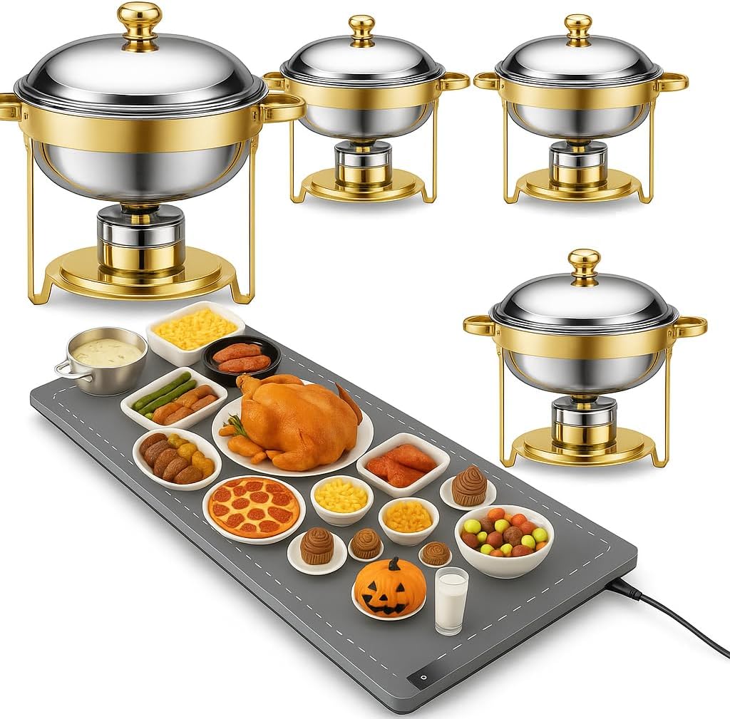 Extra Large Food Warming Mat 43"x16" with 4-Pack 6QT Gold Round Chafing Dishes, Stainless Steel Buffet Set with Insulation Pad for Parties, Catering, Weddings, and Kitchen Use