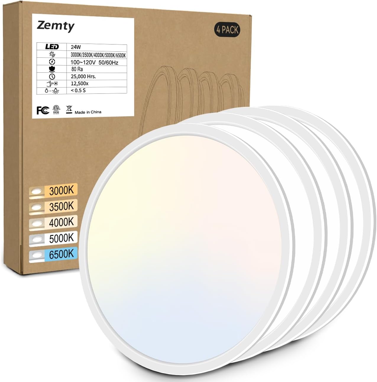 zemty 4Pack 12 Inch LED Ceiling Light Flush Mount, 24W 2640lm Super Slim Flush Mount Ceiling Lamp Fixtures, 3000K/3500K/4000K/5000K/6500K Selectable for Bedroom Bathroom Kitchen Living Room (White)