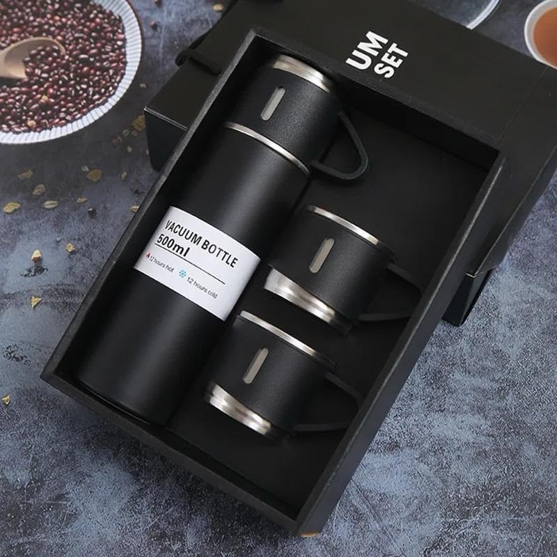 Image of 500ml Vacuum Insulated Stainless Steel Flask Set with 3 Cups Leakproof Double Wall Bottle for Tea Coffee Water Travel Office Gift Set Black