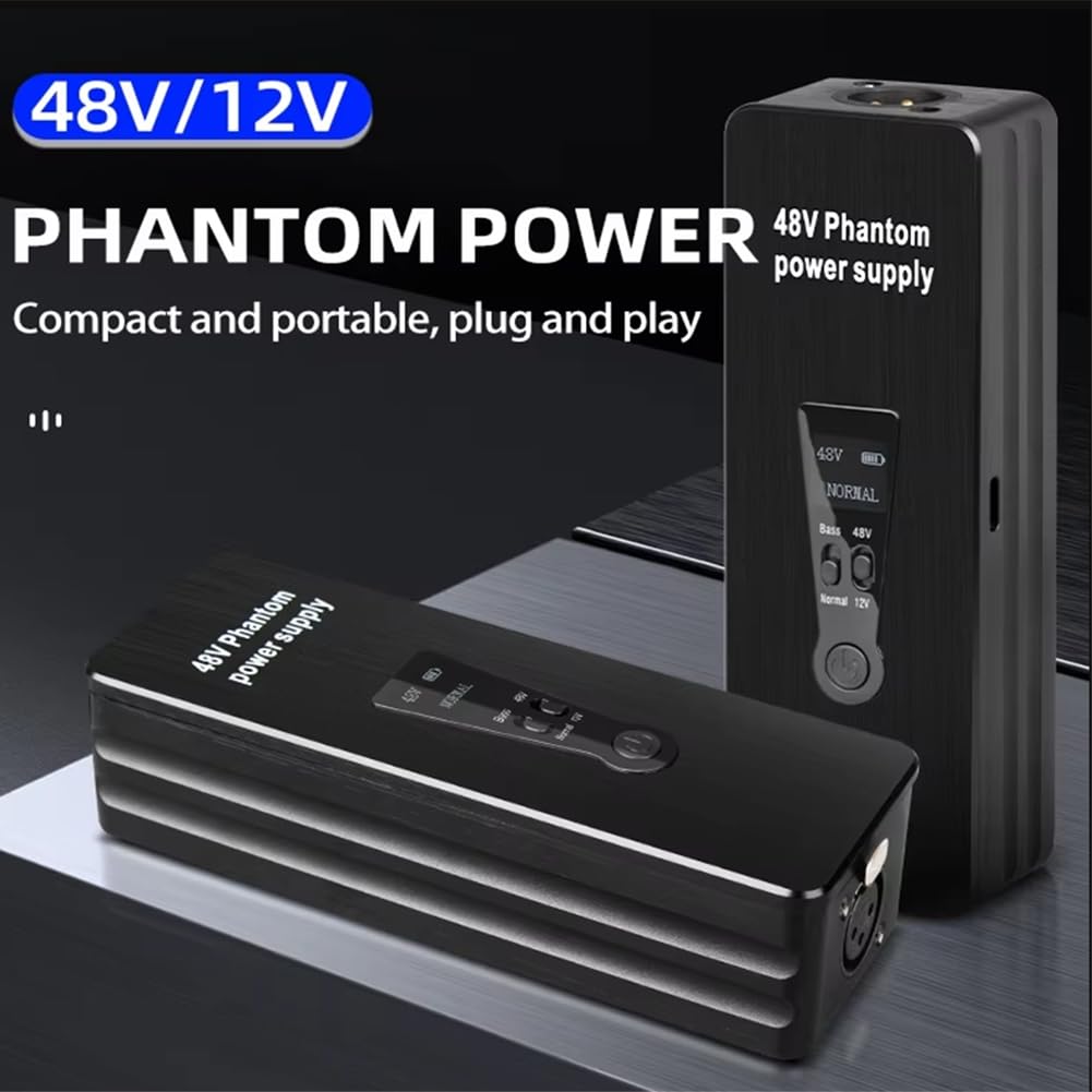 Phantom - Fuente de alimentación 48 V amplificador de micrófono recargable portátil para micrófonos de condensador, preamplificador de estudio de grabación