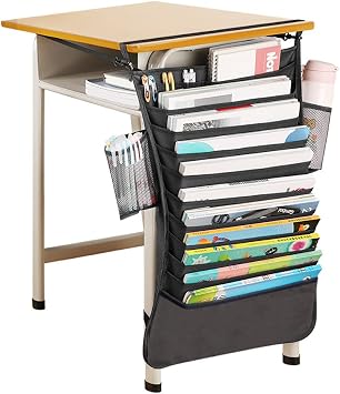 Desk Side Hanging Book bag 10 Layers Organizer with Side Pocket and Water Bottle Pocket Black