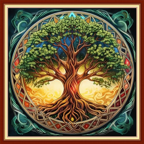 Image of Dimxvean Stamped Cross Stitch Kits,Cross Stitch Kits for Adults Beginners,Embroidery Kits Full Range of Cross Stitch Stamped Kits Needlepoint Kits Cross Stitch Patterns-Magic Tree 18x18 inchs