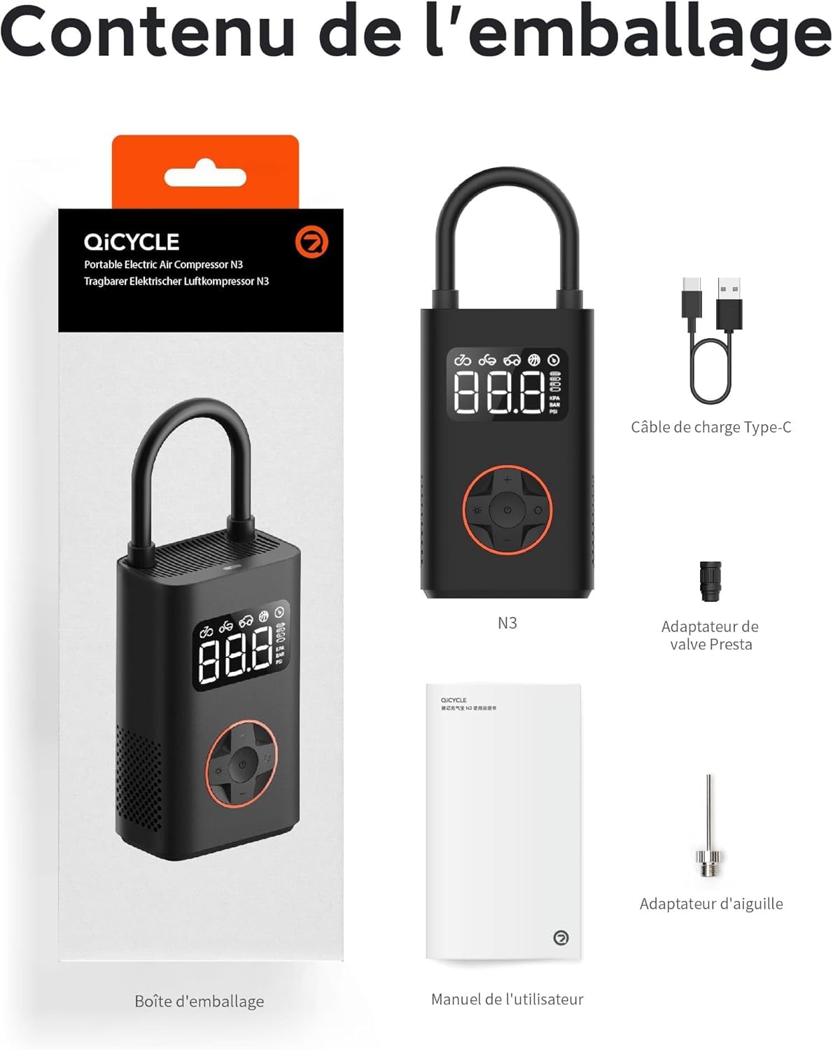 QiCYCLE Pompe a Velo Electrique 150PSI, 10,3Bar Gonfleur Pneus Voiture sans Fil pour Balle Voiture Moto Vélo (Autostop,Fonction Mémoire,Lumière LED&SOS Clignotant,18,5Wh)