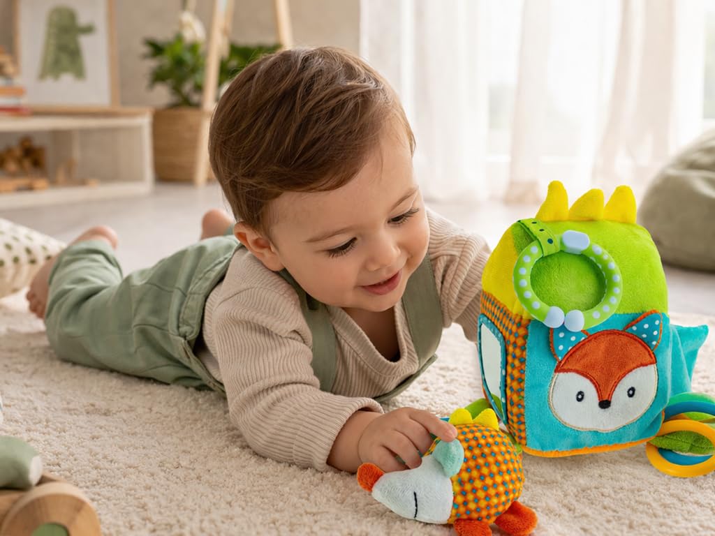 Teorema Gogo - Dados sensoriales suaves para recién nacidos con oso de peluche y mordedor – Juegos 0 – 12 meses, bola sensorial, juguete para la infancia, regalo para el nacimiento de un niño