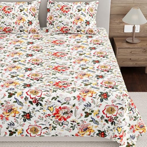 Image of Living Roots Ethnic Jaipur Block Print Double Cotton Bedsheet & 2 Pillow Covers, for Mattress Upto 6 inches Thick, No Colour Bleeding, Pink Colour, King Size 90 * 108 inches, 120TC (616-A)