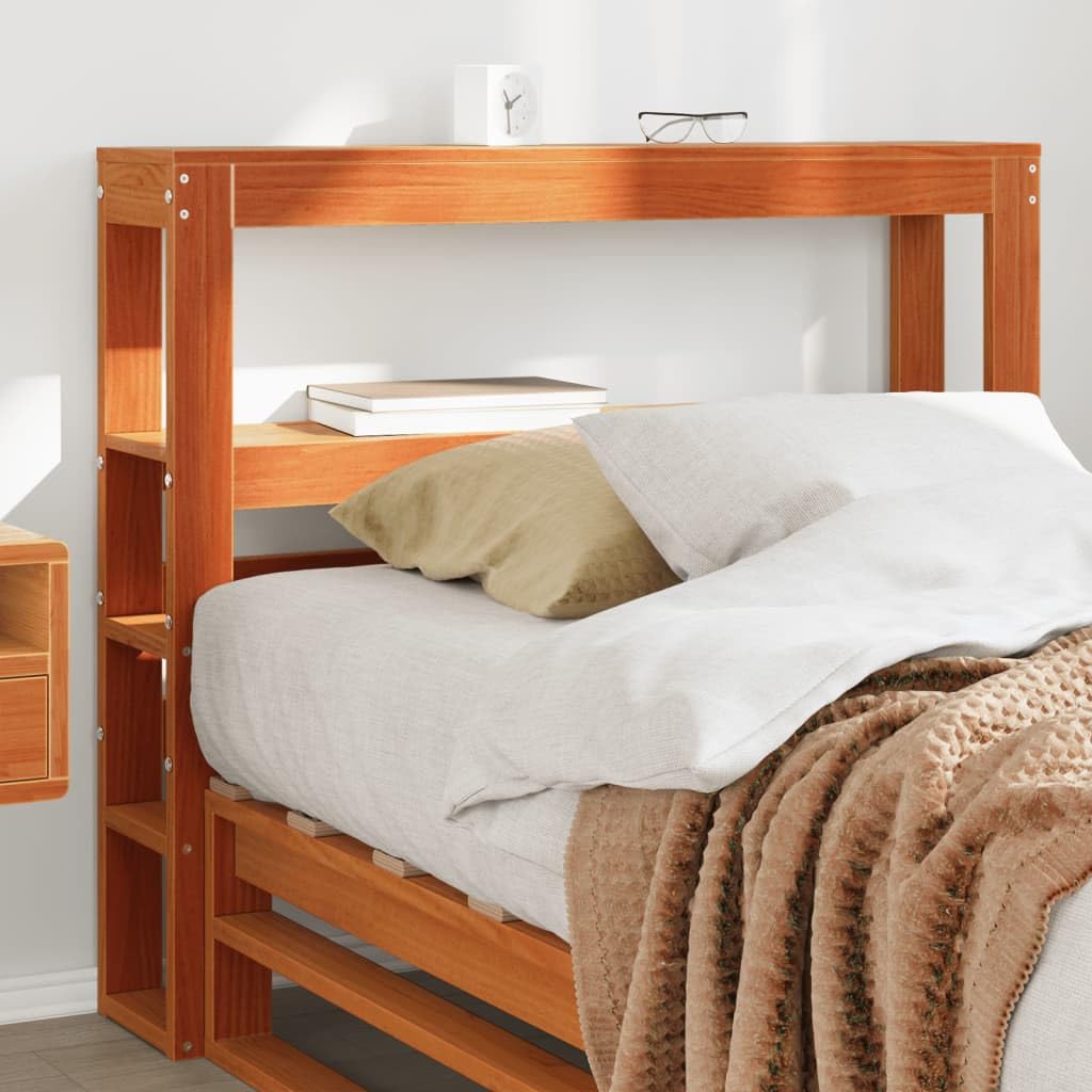 Homgoday Cabecero con estantes, cabecero de cama, cabecero de cama, accesorio de cama, marco de cama, marco de cama, dormitorio, marrón cera, 90 cm, madera maciza de pino