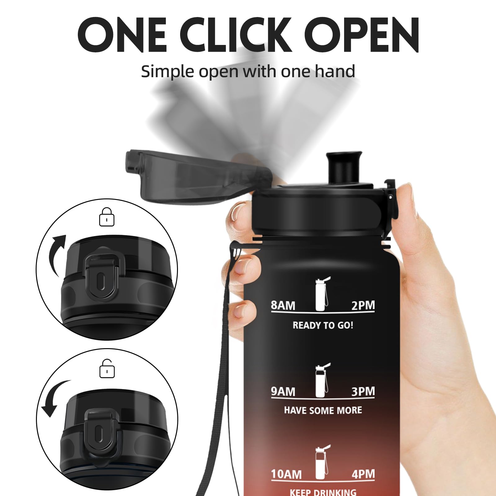 Borraccia, 1000ML Senza BPA, Borraccia Bambini, Design della serratura a prova di perdite, Borraccia Motivazionale, Con marca temporale, Bottiglia Acqua per Yoga, Sport, Scalare Montagne - Nero Rosso