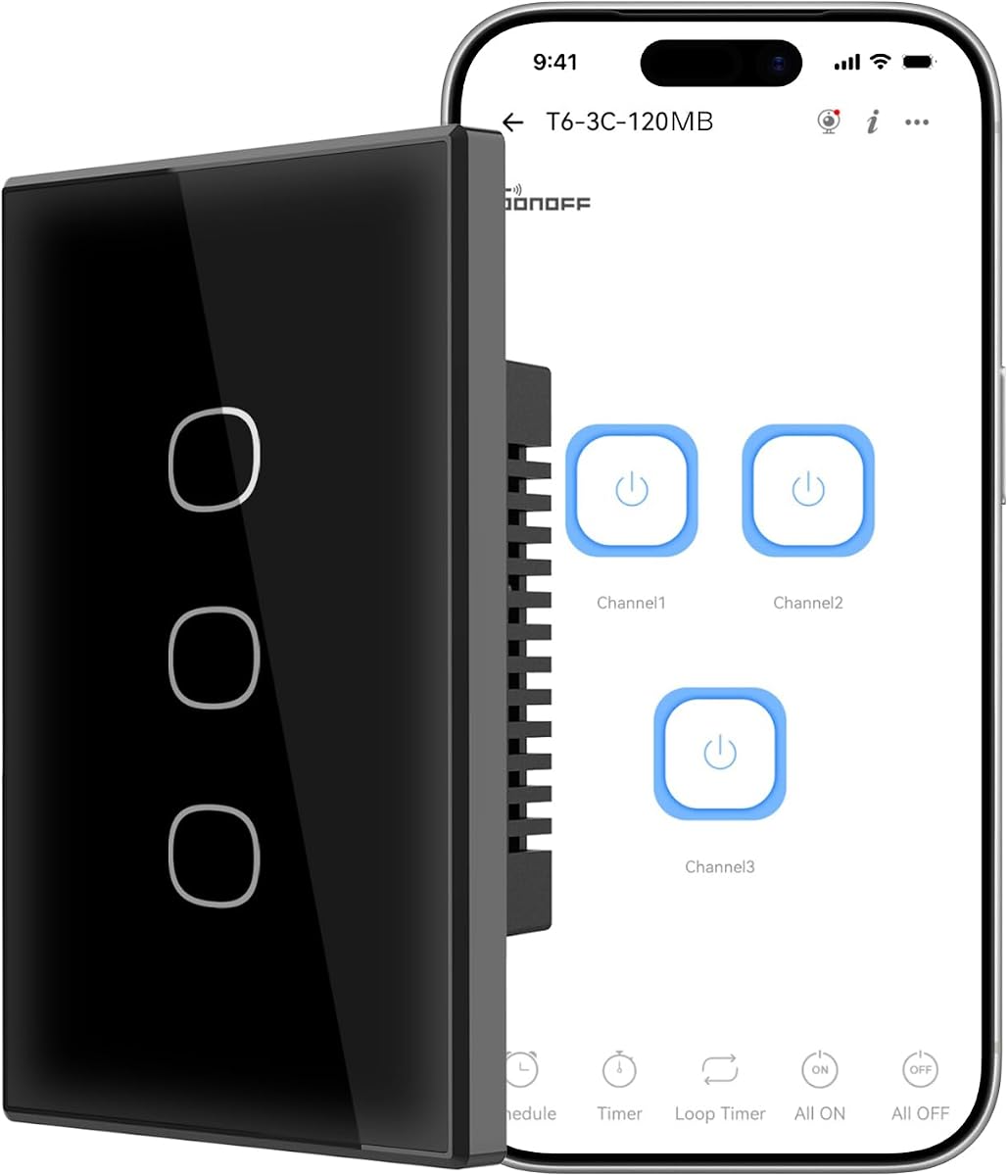 SONOFF TX Gen2 Interruptor táctil de pared inteligente, panel tipo 120 de 3 canales, Wi-Fi de 2,4 GHz, requiere neutro, compatible con Matter, funciona con Apple Home/Google Home/Amazon Alexa, T6-3C-120MB