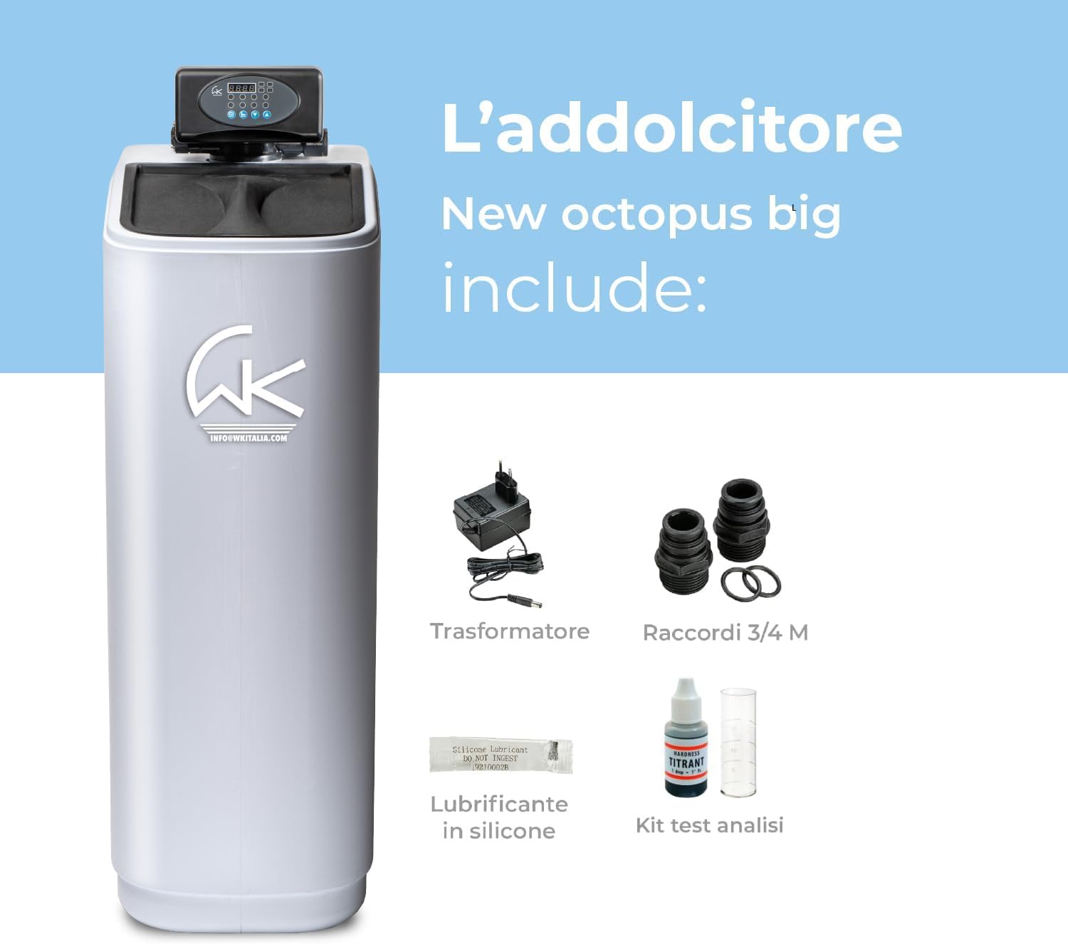 WK - Addolcitore d'Acqua domestico New Octopus Big, Sistema di Filtraggio per Acqua Dolce, Design Compatto e Portata di 5000 Litri, Ideale per Famiglie Numerose