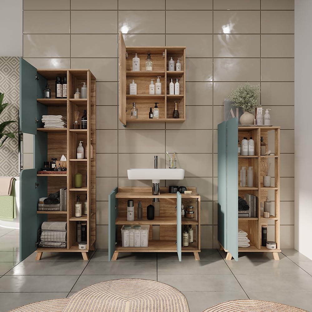 Vicco Set di mobili da bagno Karen, Sonoma/blu, 80 cm, composto da mobile lavabo, pensile a specchio, colonna e base media