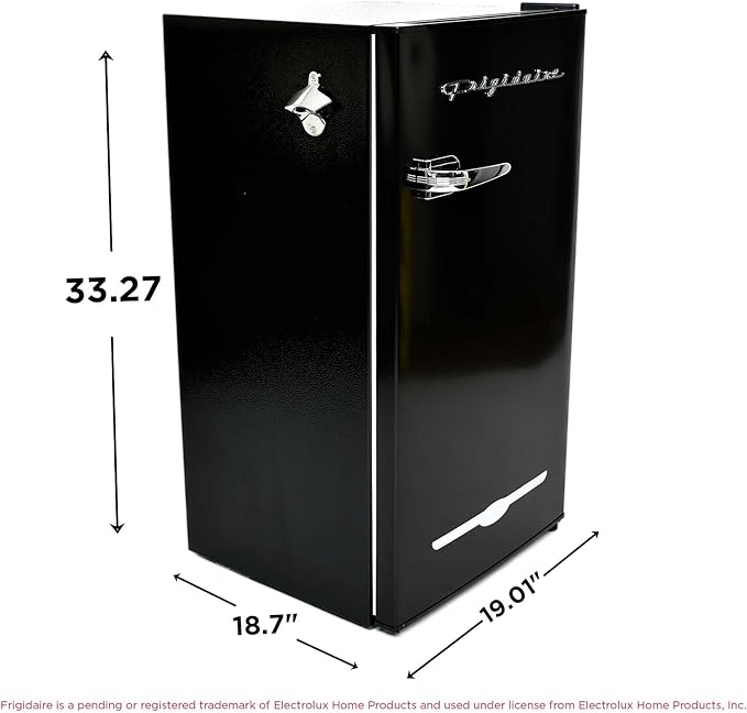 FRIGIDAIRE EFR376-BLACK 3.1 Cu Ft Black Retro Bar Fridge with Side Bottle Opener on Fridge.com